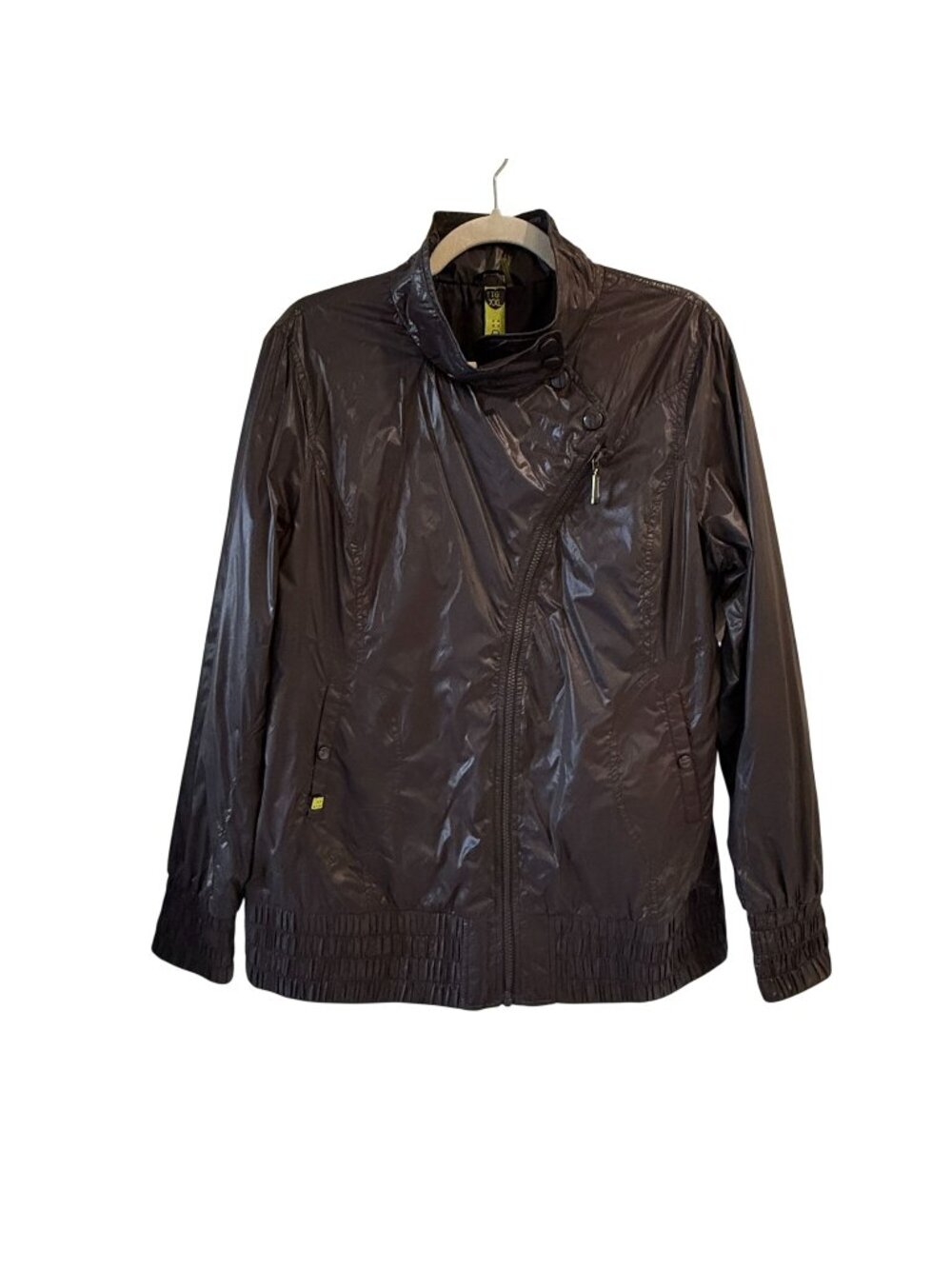 Soia & Kyo Size XXL Shiny Black Asymmetrical Zip Bomber Jacket Lightweight